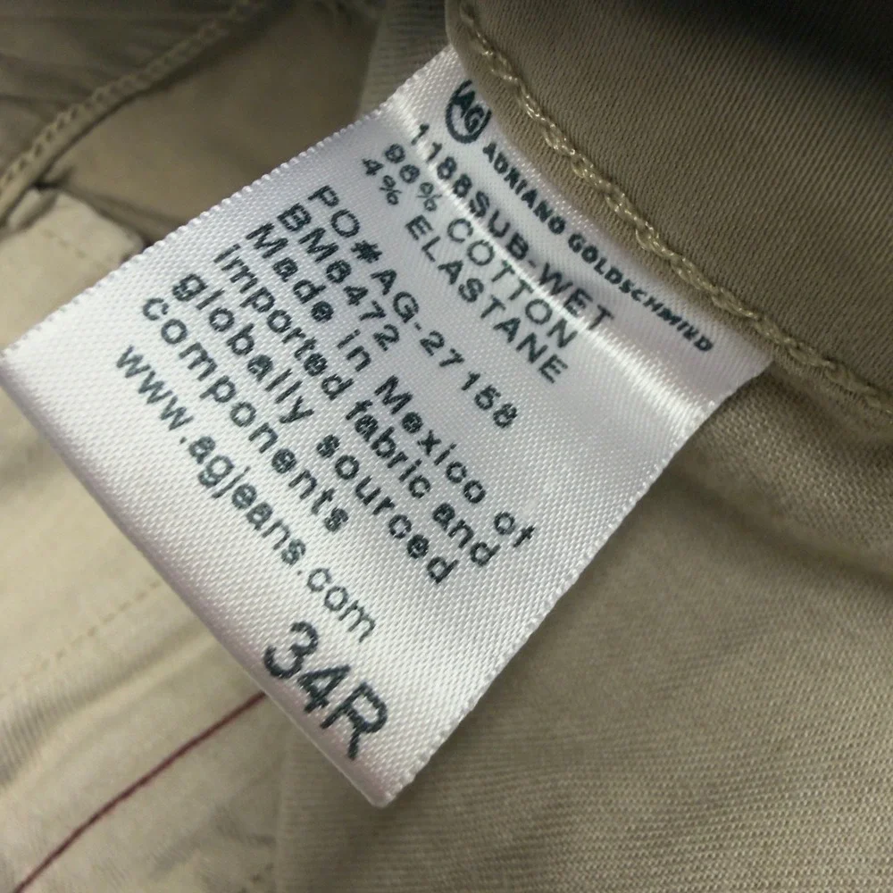 AG Adriano Goldschmied Pants Mens 34x30 Lux Khaki Canvas Tan Chino Casual